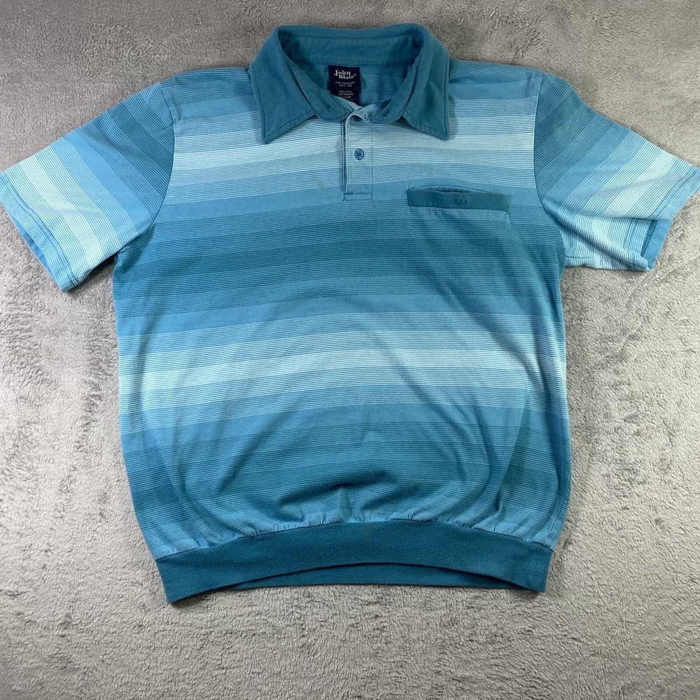 John Blair Polo Shirt Men Large Blue Striped Banded Waist Pocket Casual Preppy